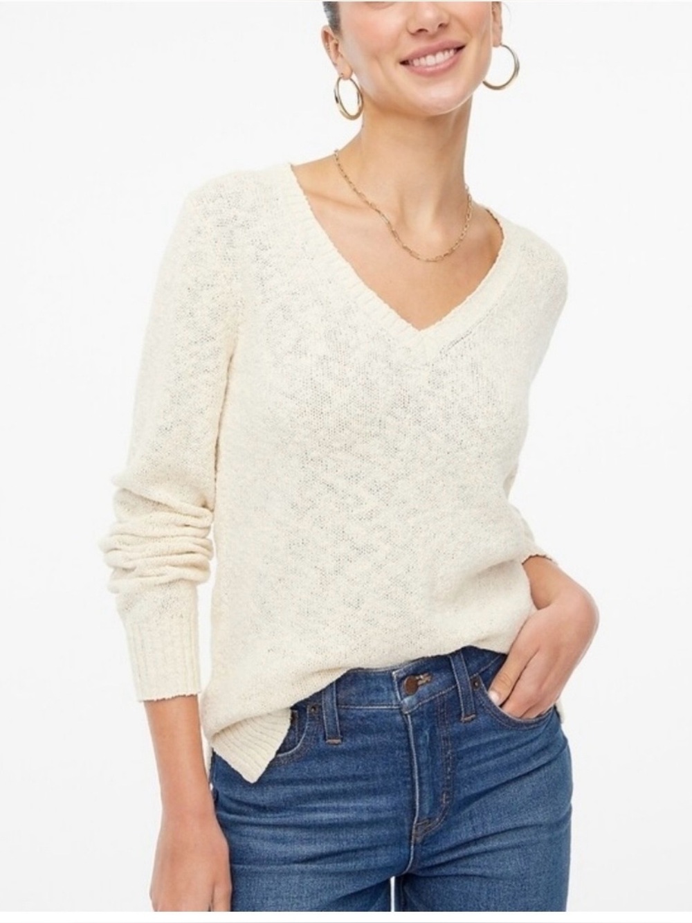 J. Crew Sz 2X Cream Oatmeal Slub Cotton Sweater V-Neck Relaxed Fit EUC